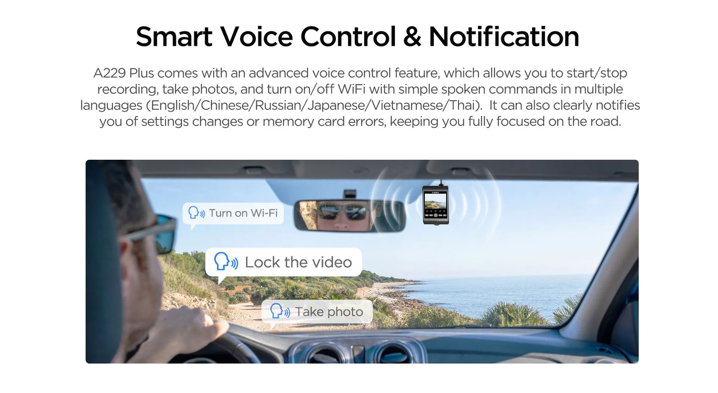VIOFO A229 Plus Dash Cam : Enregistrement 2K HDR avec Commandes Vocales et Wi-Fi 5GHz