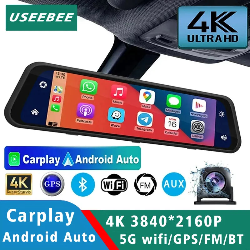 revoir fiche produit!Dashcam Mirror 4K Ultra HD USEEBEE avec CarPlay et Android Auto