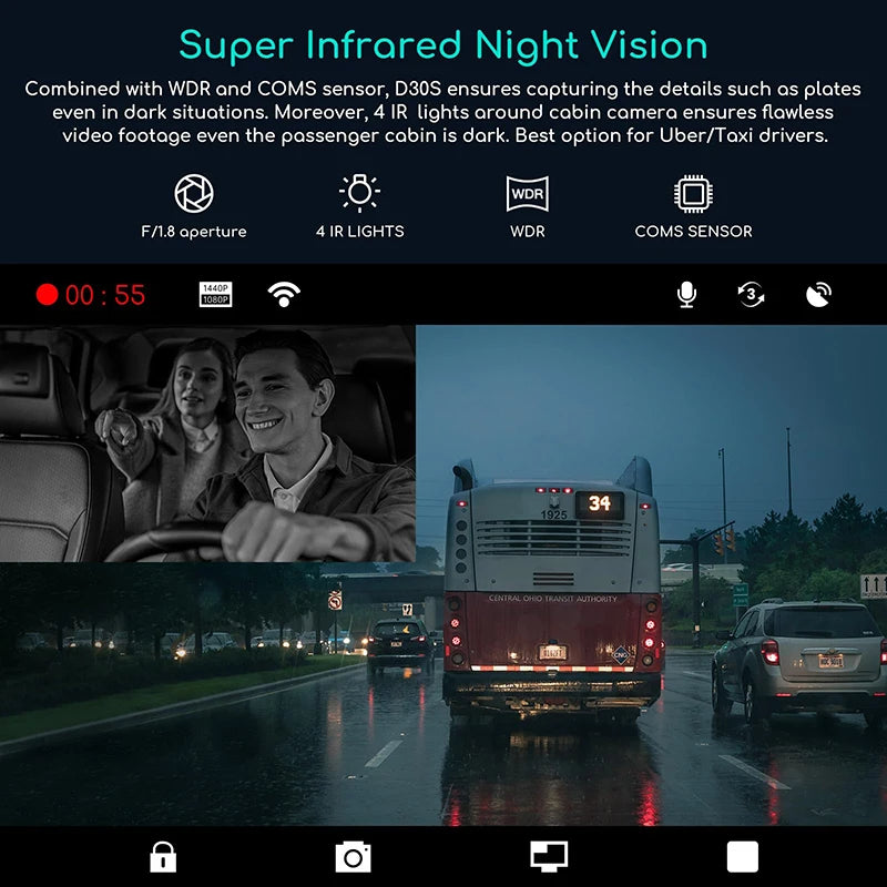 Dashcam 4K Triple Caméras Vision Nocturne et GPS