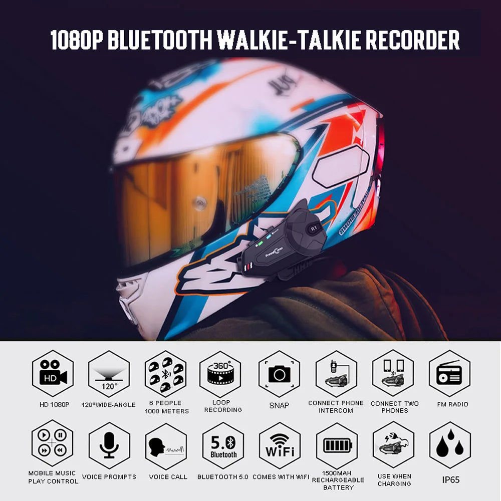 Intercom et DashCam pour Casque de Moto, HD Waterproof WiFi