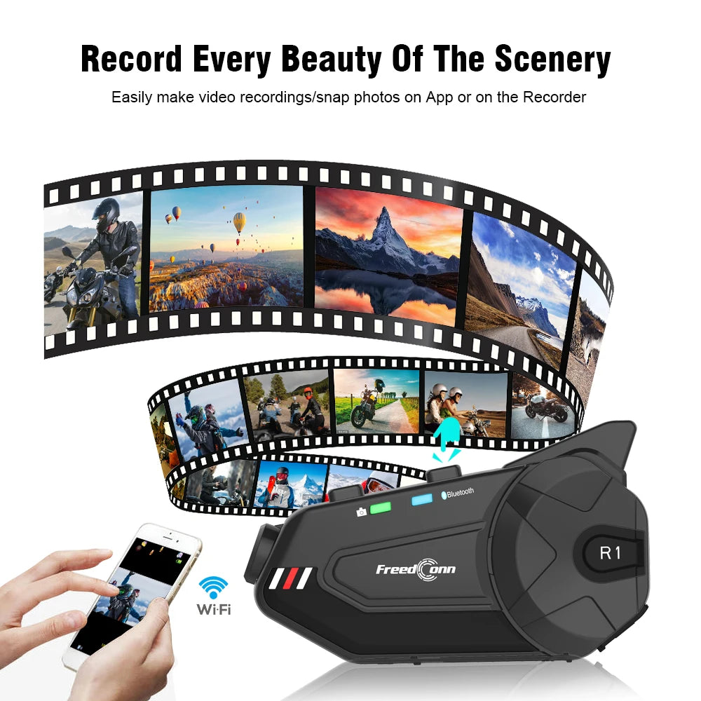 Intercom et DashCam pour Casque de Moto, HD Waterproof WiFi