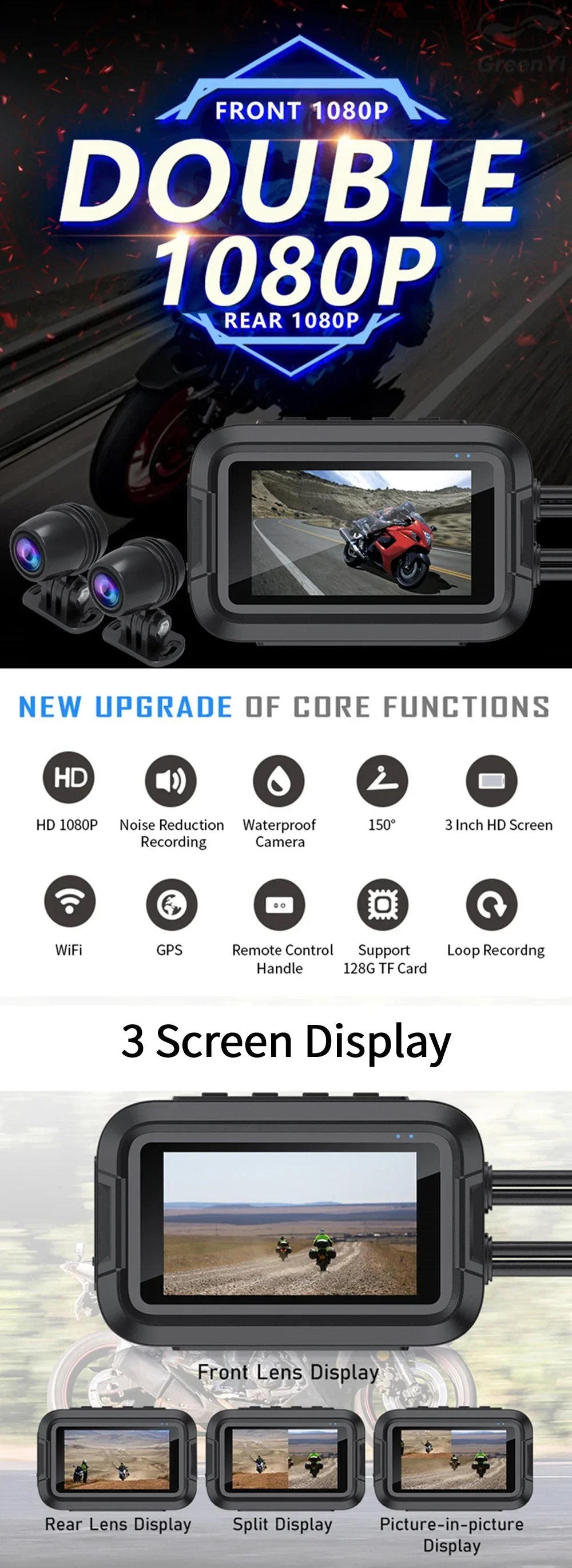 Double DashCam Moto 1080P Grand Angle Aide Parking GPS