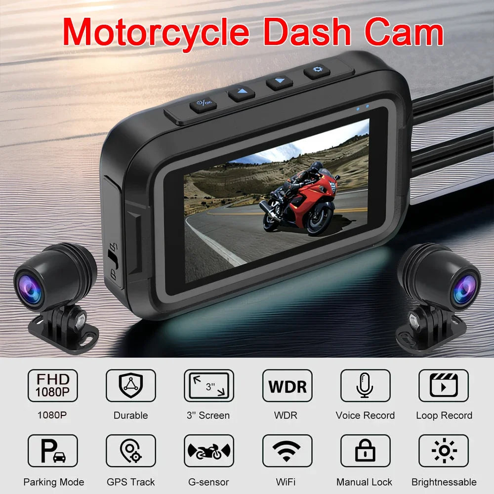 Double DashCam Moto 1080P Grand Angle Aide Parking GPS