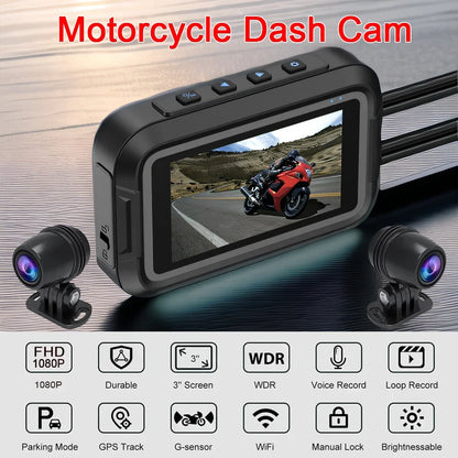 Double DashCam Moto 1080P Grand Angle Aide Parking GPS