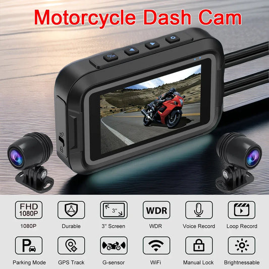 Double DashCam Moto 1080P Grand Angle Aide Parking GPS