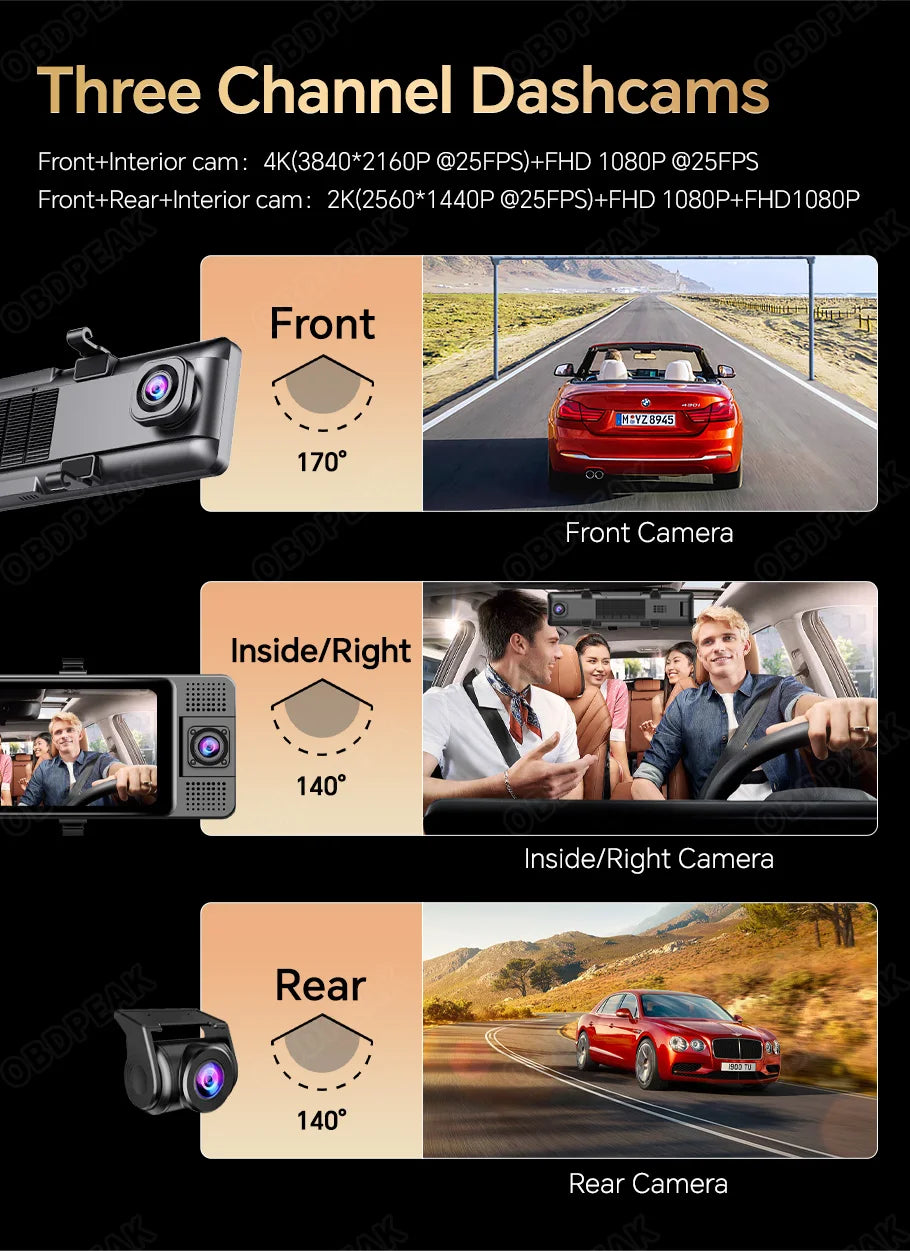 OBDP-23C Dash Cam Rétroviseur 4K avec Enregistrement Triple Canal et Vision Nocturne