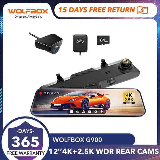 WOLFBOX G900 4K+2.5K Caméra de Tableau de Bord Miroir Intelligente - Sécurité Maximale pour Votre Conduite