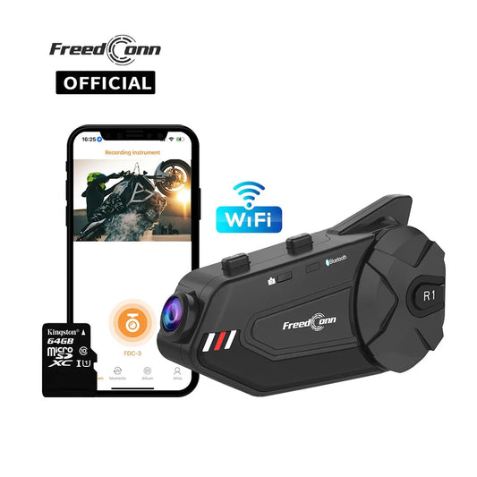 Intercom et DashCam pour Casque de Moto, HD Waterproof WiFi