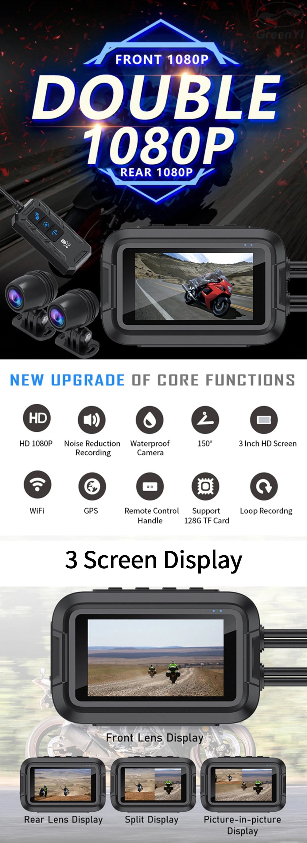 KOC-2C Double Dashcam Moto avec WiFi et GPS