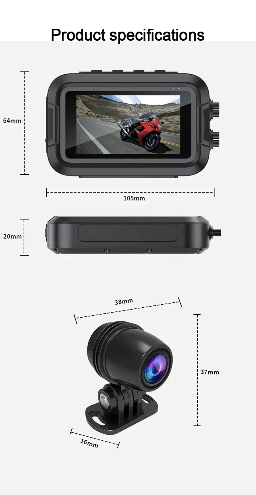 Double DashCam Moto 1080P Grand Angle Aide Parking GPS