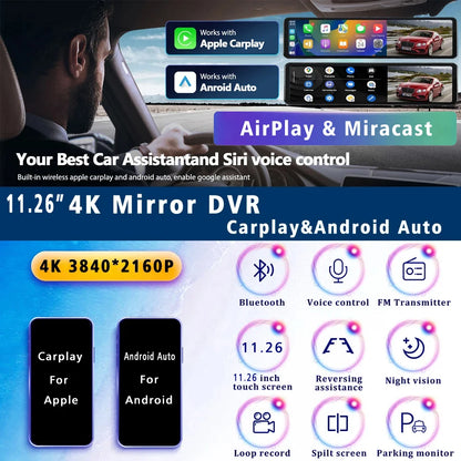 Dashcam Maxtoss 4K avec Caméra Double et Connectivité Carplay/Android Auto